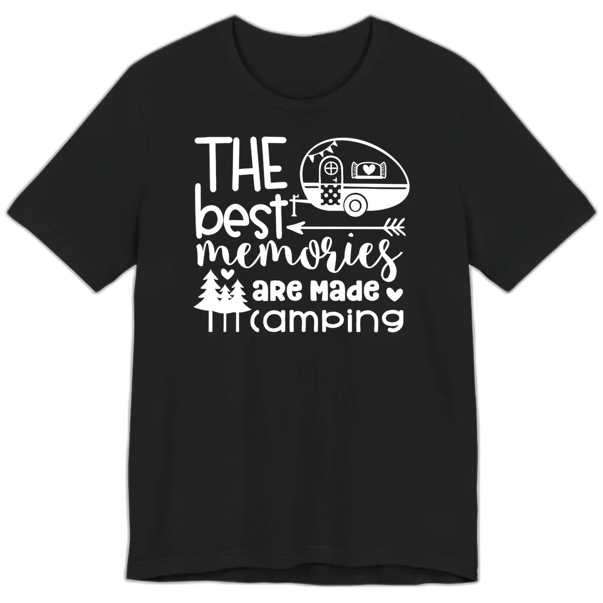 Vintage travel trailer with decorative text reading 'The best memories are made camping' surrounded by pine trees and hearts on gray background. in Black