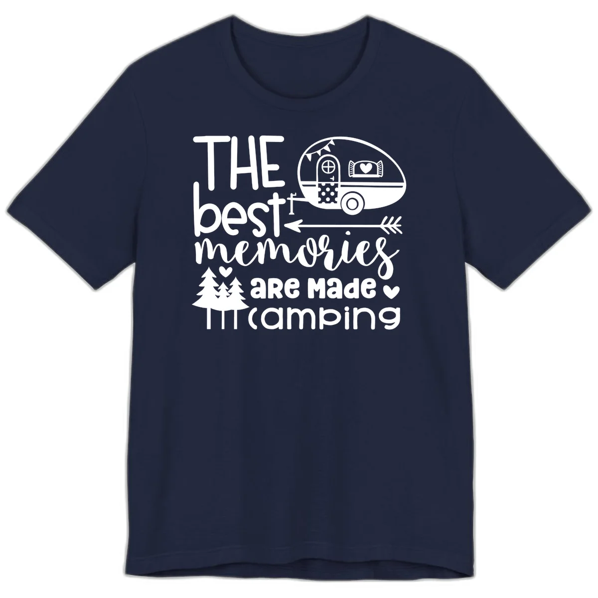 Vintage travel trailer with decorative text reading 'The best memories are made camping' surrounded by pine trees and hearts on gray background. in Navy