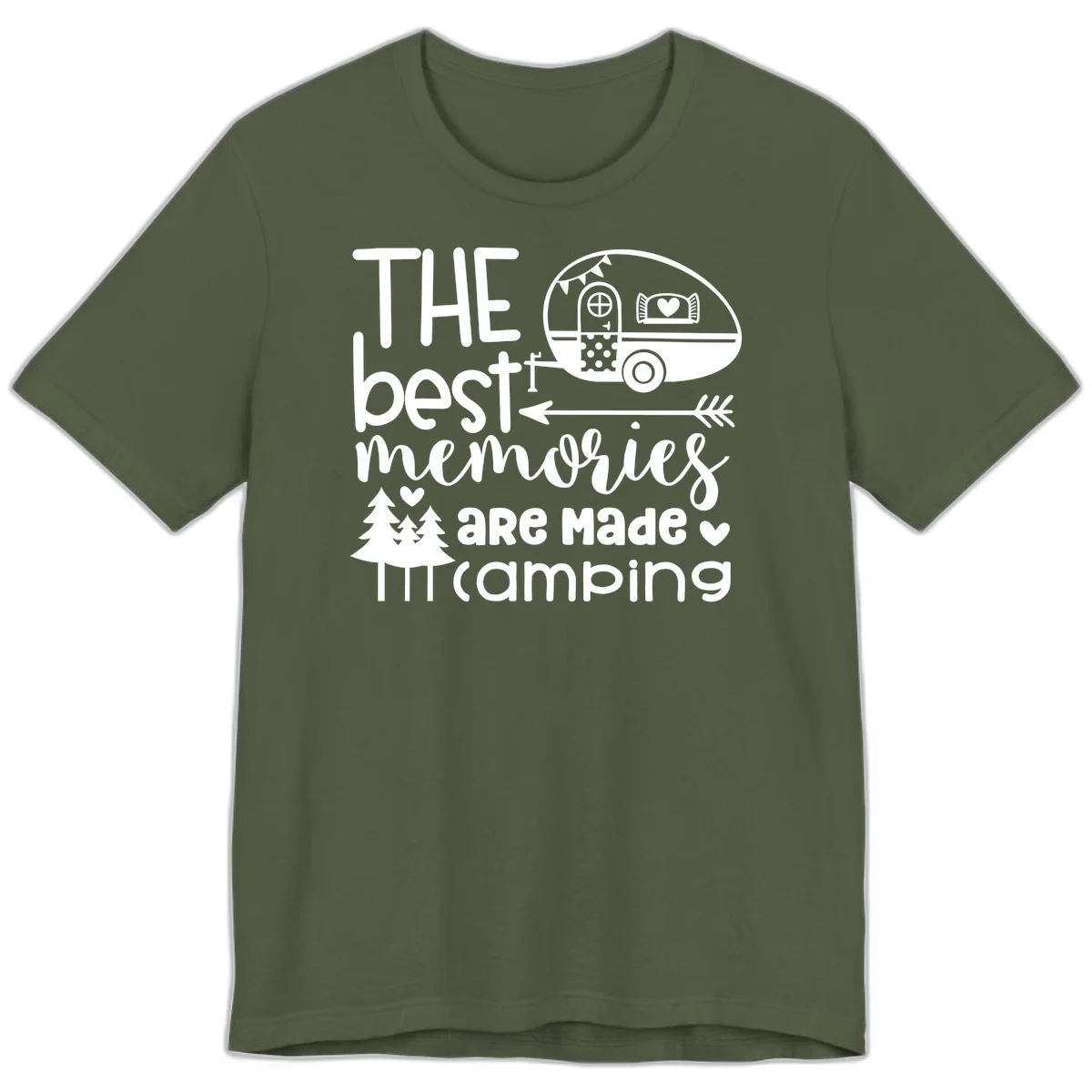 Vintage travel trailer with decorative text reading 'The best memories are made camping' surrounded by pine trees and hearts on gray background. in Military Green