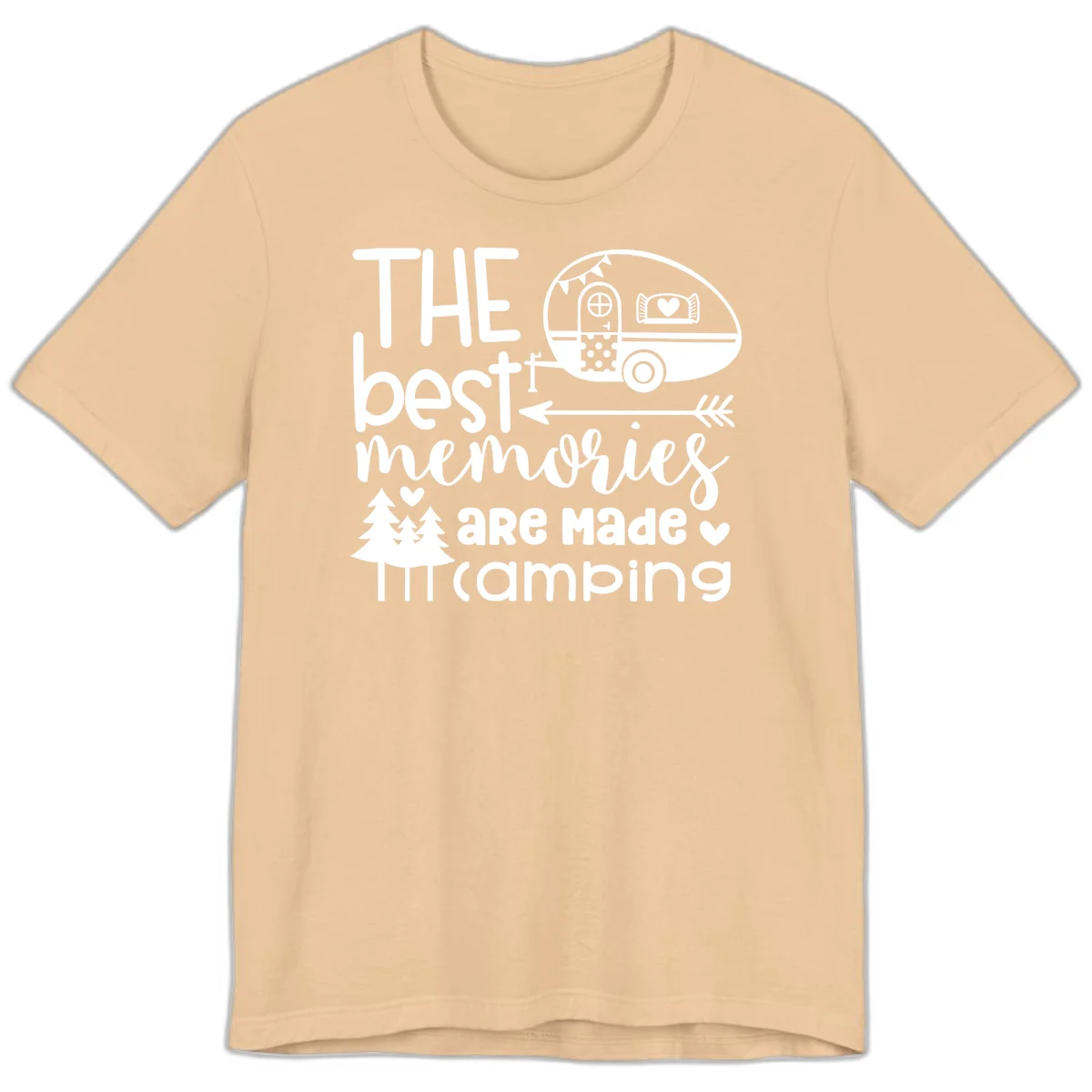 Vintage travel trailer with decorative text reading 'The best memories are made camping' surrounded by pine trees and hearts on gray background. in Sand Dune