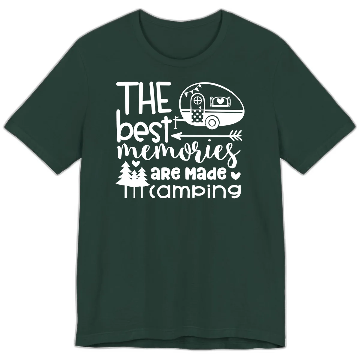 Vintage travel trailer with decorative text reading 'The best memories are made camping' surrounded by pine trees and hearts on gray background. in Forest