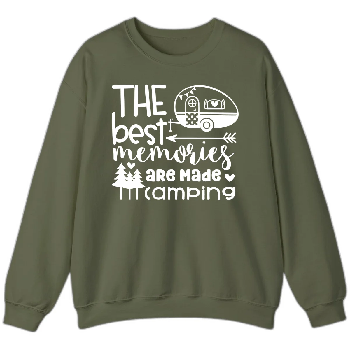 Vintage travel trailer with decorative text reading 'The best memories are made camping' surrounded by pine trees and hearts on gray background. in Military Green