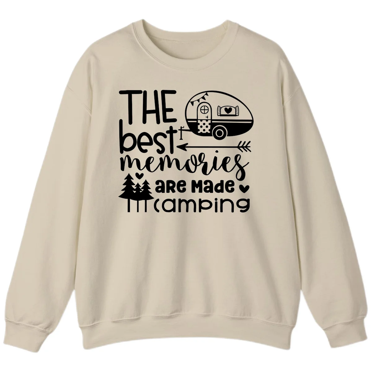Vintage travel trailer with decorative text reading 'The best memories are made camping' surrounded by pine trees and hearts on gray background. in Sand