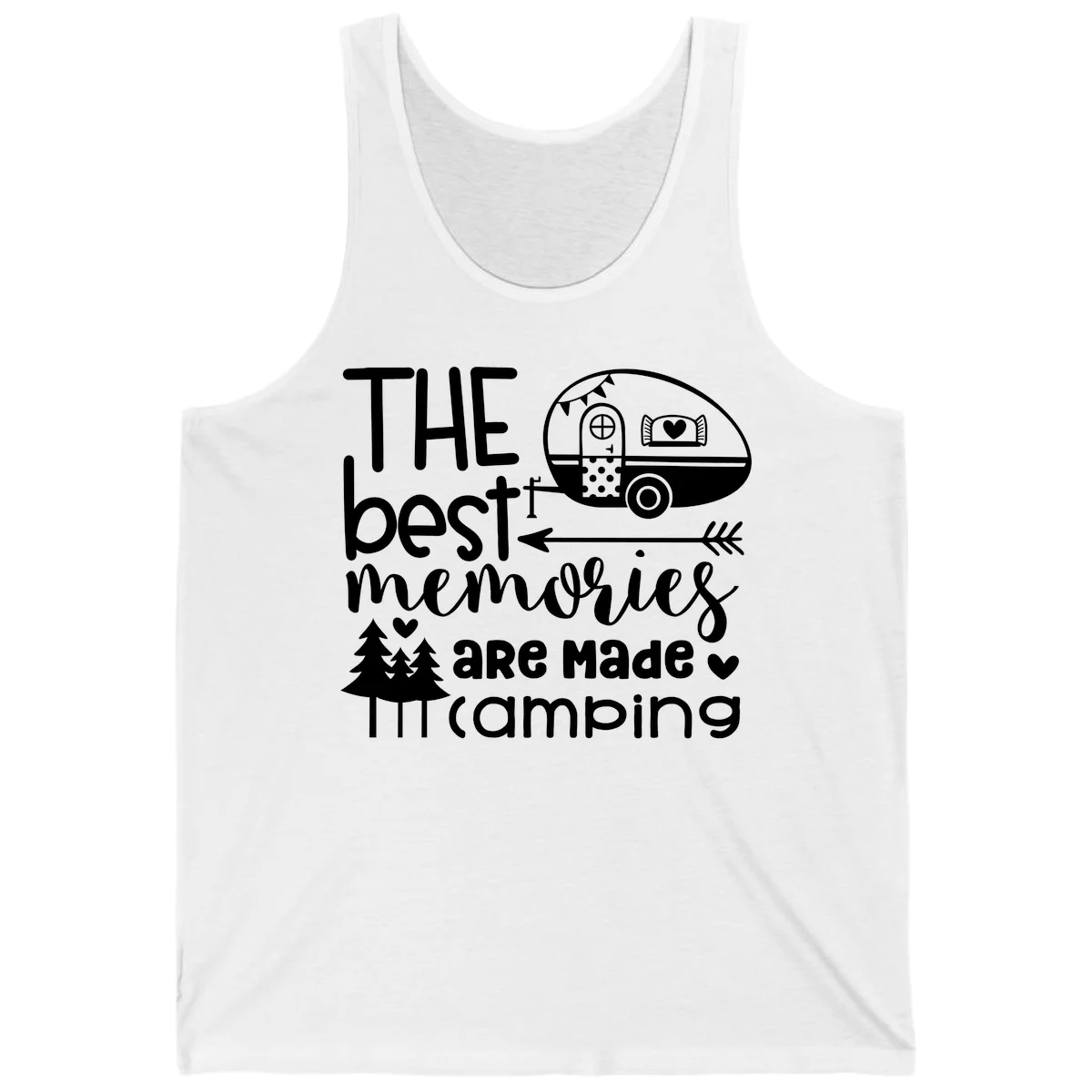 Vintage travel trailer with decorative text reading 'The best memories are made camping' surrounded by pine trees and hearts on gray background. in White