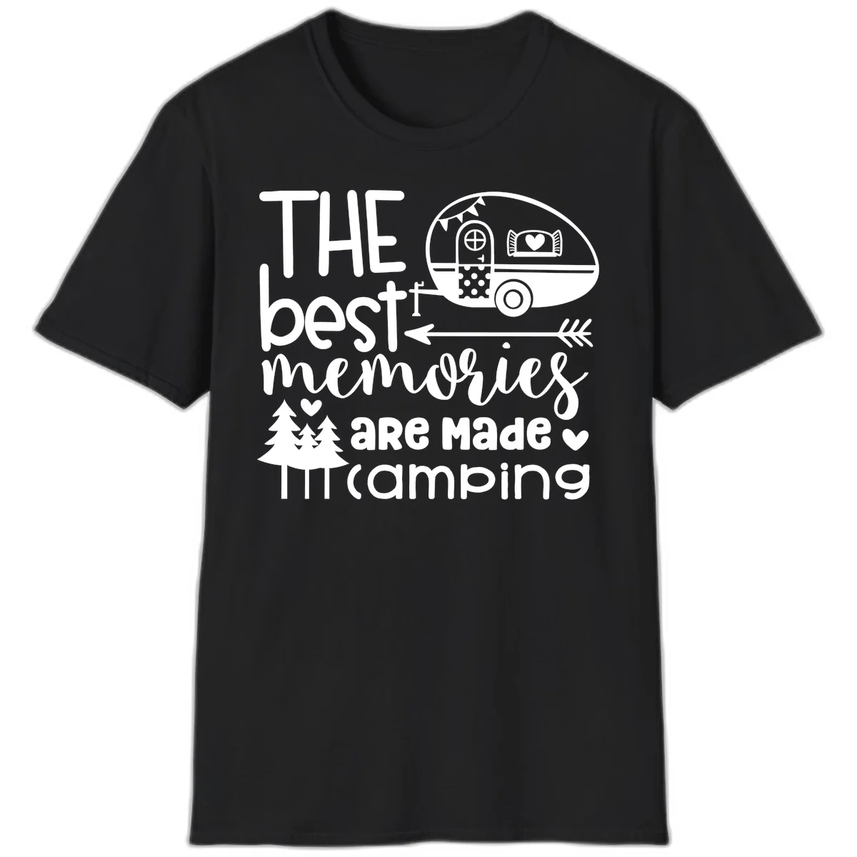 Vintage travel trailer with decorative text reading 'The best memories are made camping' surrounded by pine trees and hearts on gray background. in Black