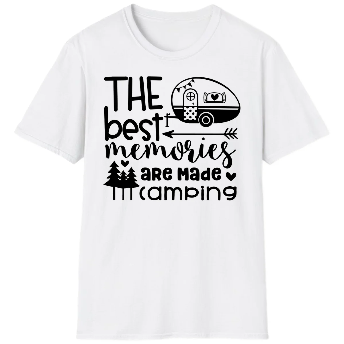 Vintage travel trailer with decorative text reading 'The best memories are made camping' surrounded by pine trees and hearts on gray background. in White
