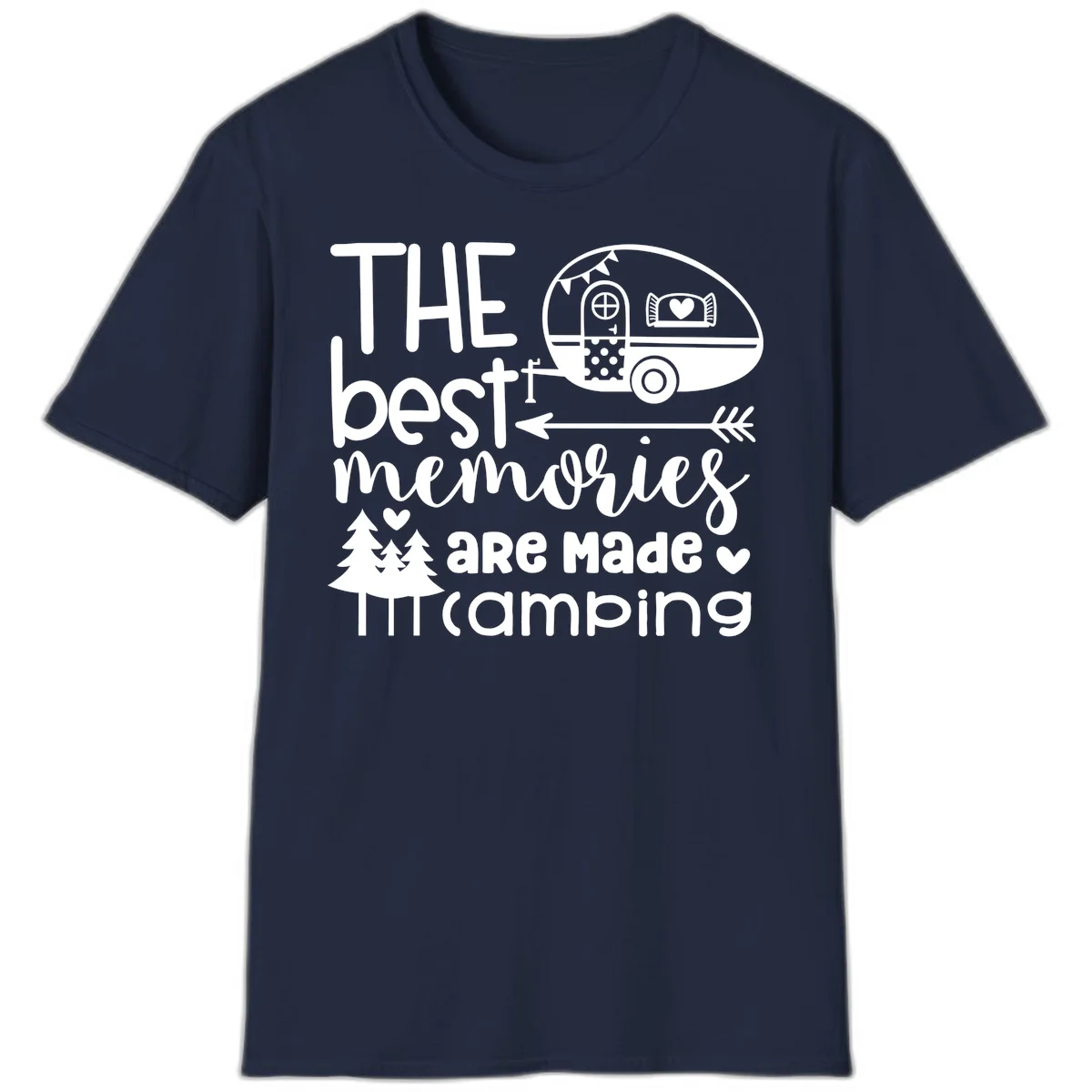 Vintage travel trailer with decorative text reading 'The best memories are made camping' surrounded by pine trees and hearts on gray background. in Navy