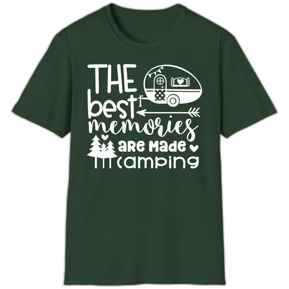 Vintage travel trailer with decorative text reading 'The best memories are made camping' surrounded by pine trees and hearts on gray background. in Forest Green