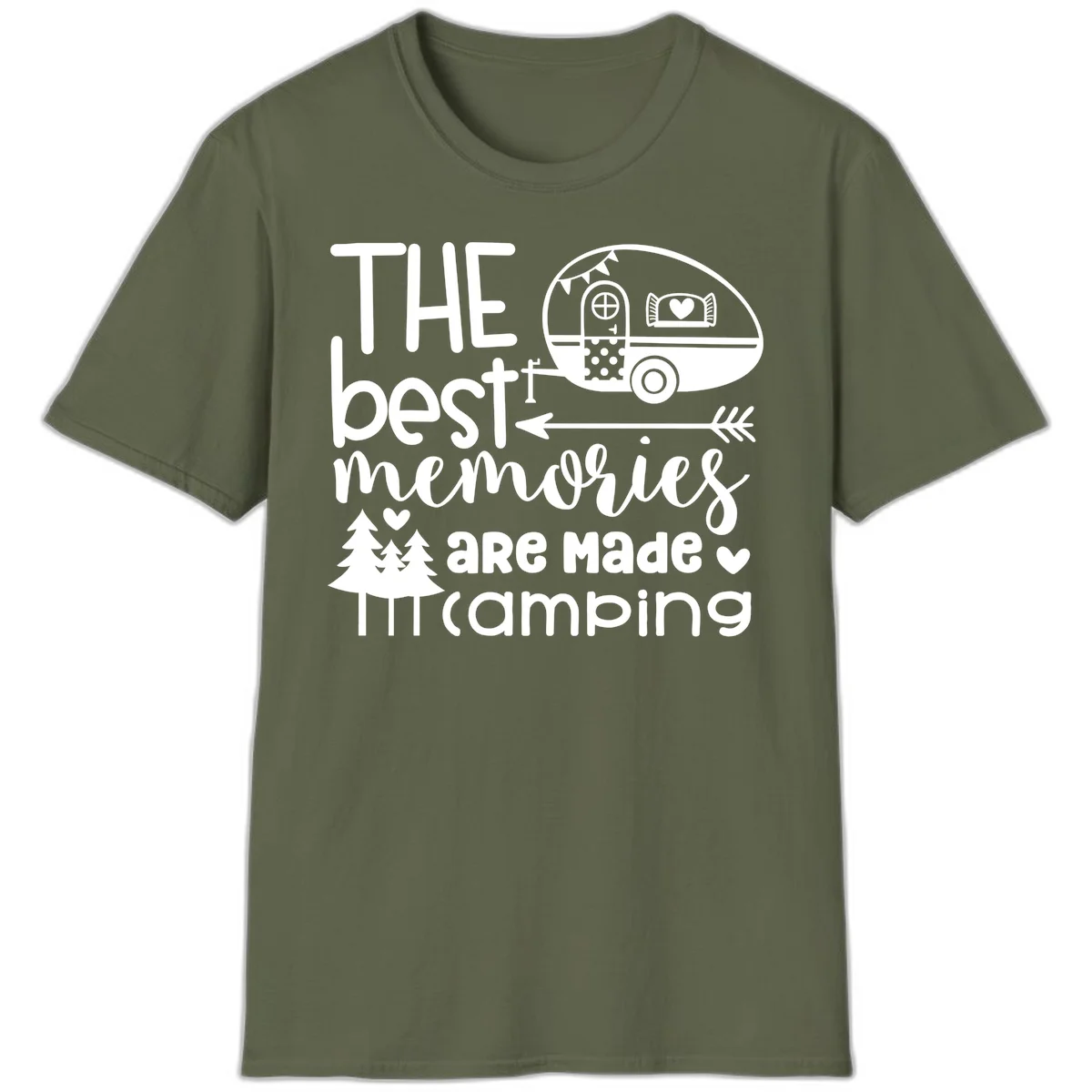 Vintage travel trailer with decorative text reading 'The best memories are made camping' surrounded by pine trees and hearts on gray background. in Military Green