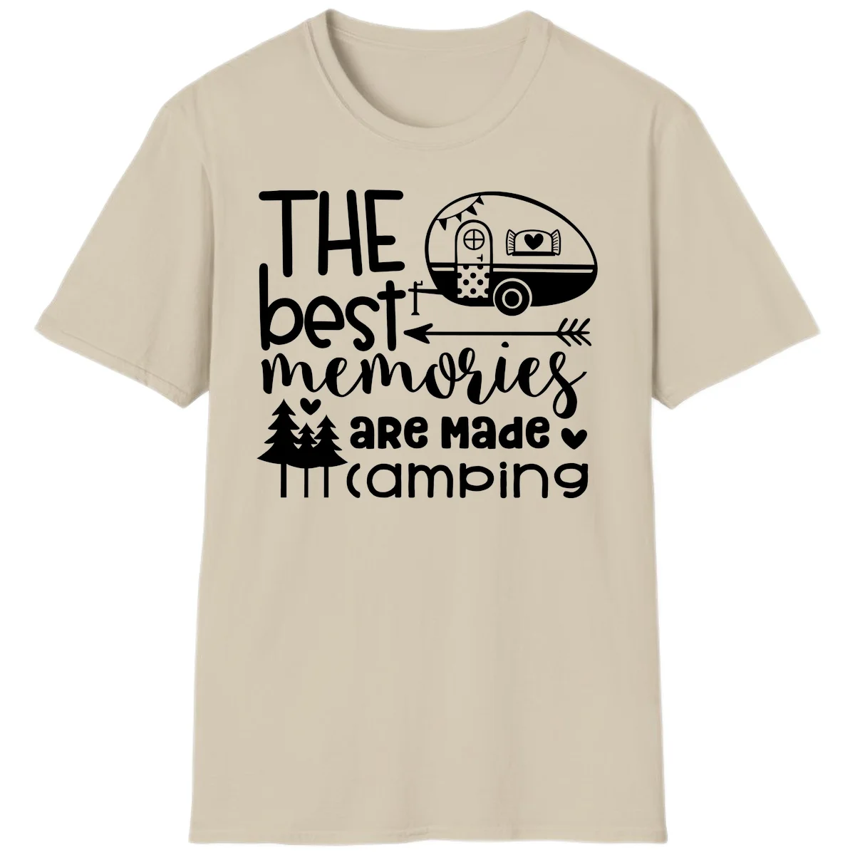 Vintage travel trailer with decorative text reading 'The best memories are made camping' surrounded by pine trees and hearts on gray background. in Sand