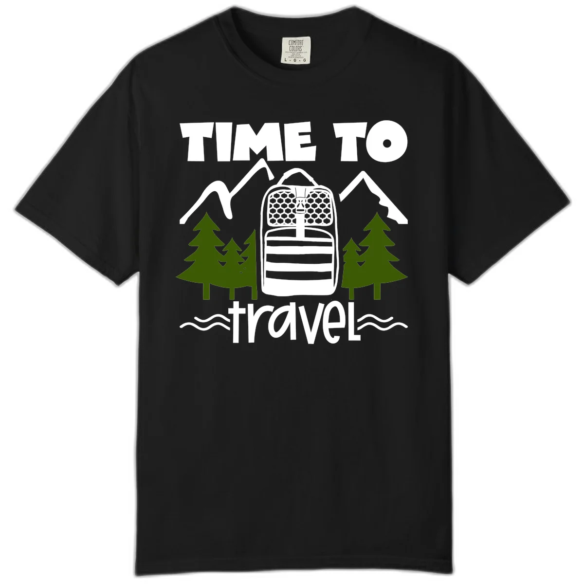 Time to travel backpack design with snow mountains, pine trees, and wavy water lines on gray background in Black