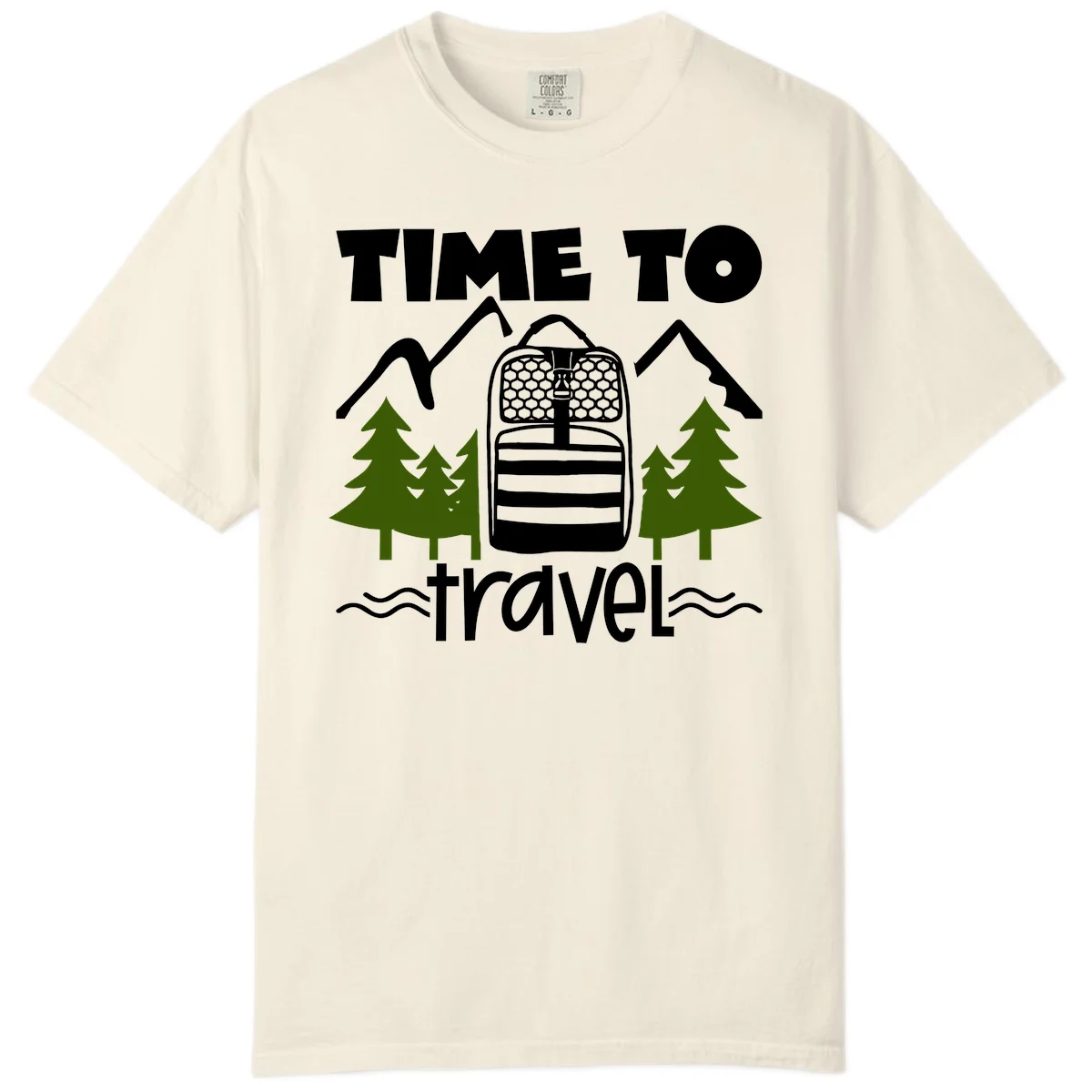 Time to travel backpack design with snow mountains, pine trees, and wavy water lines on gray background in Ivory