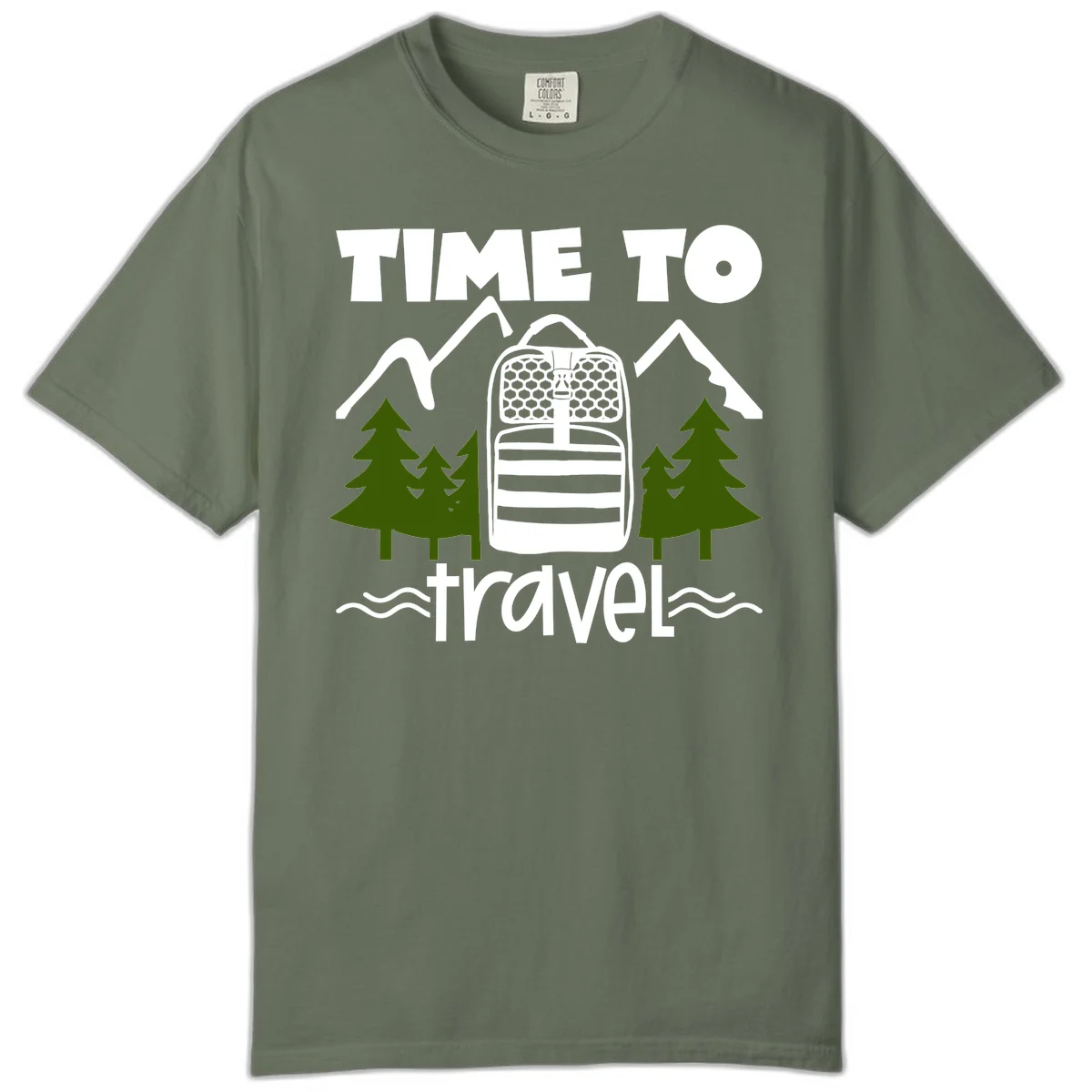 Time to travel backpack design with snow mountains, pine trees, and wavy water lines on gray background in Moss