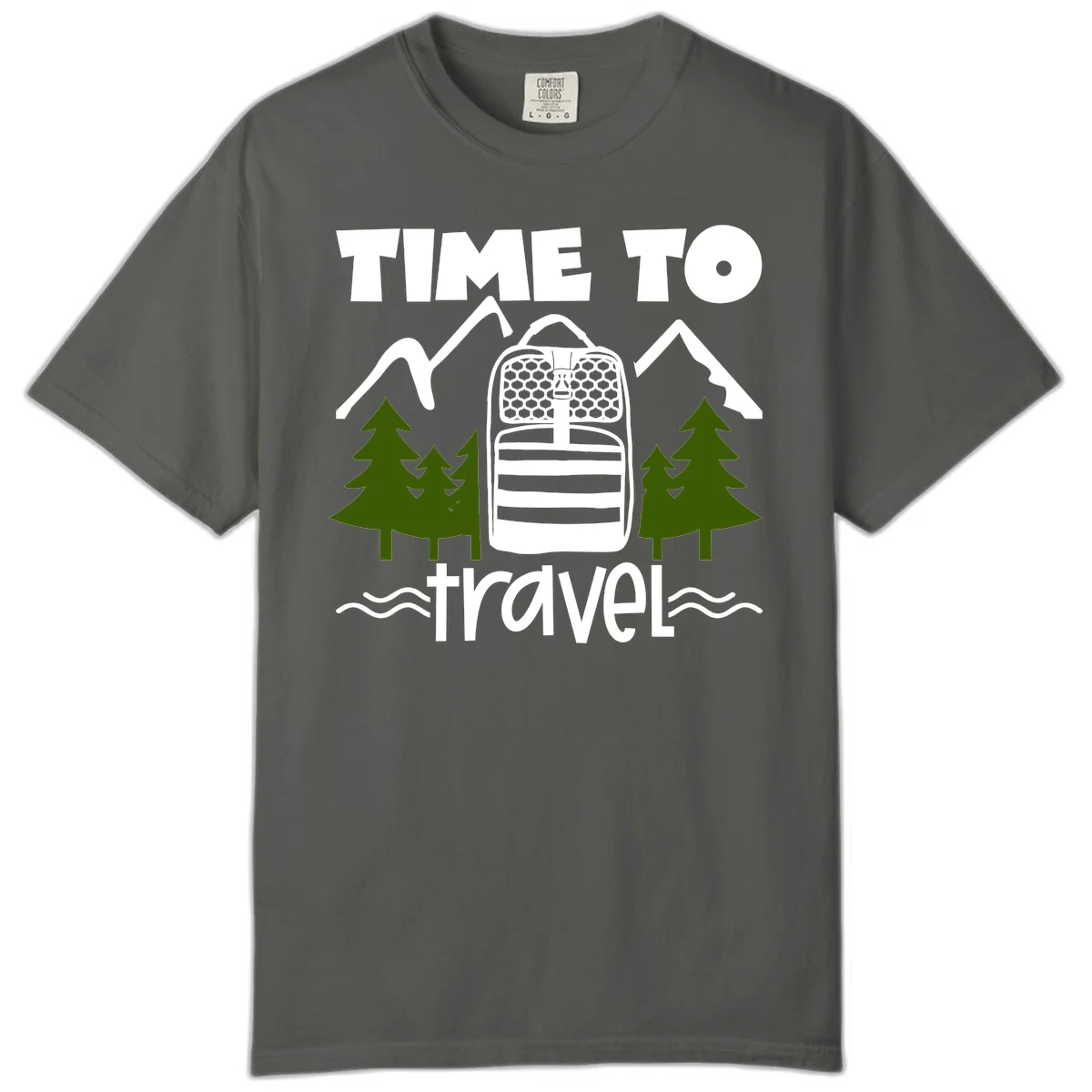 Time to travel backpack design with snow mountains, pine trees, and wavy water lines on gray background in Pepper