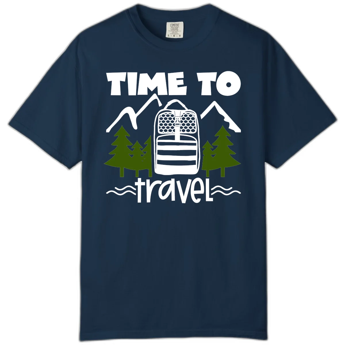Time to travel backpack design with snow mountains, pine trees, and wavy water lines on gray background in True Navy