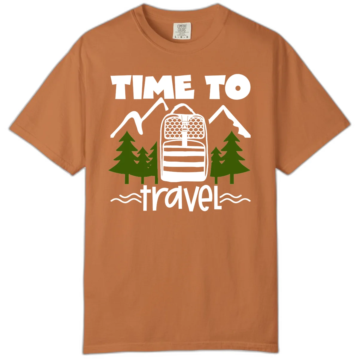 Time to travel backpack design with snow mountains, pine trees, and wavy water lines on gray background in Yam