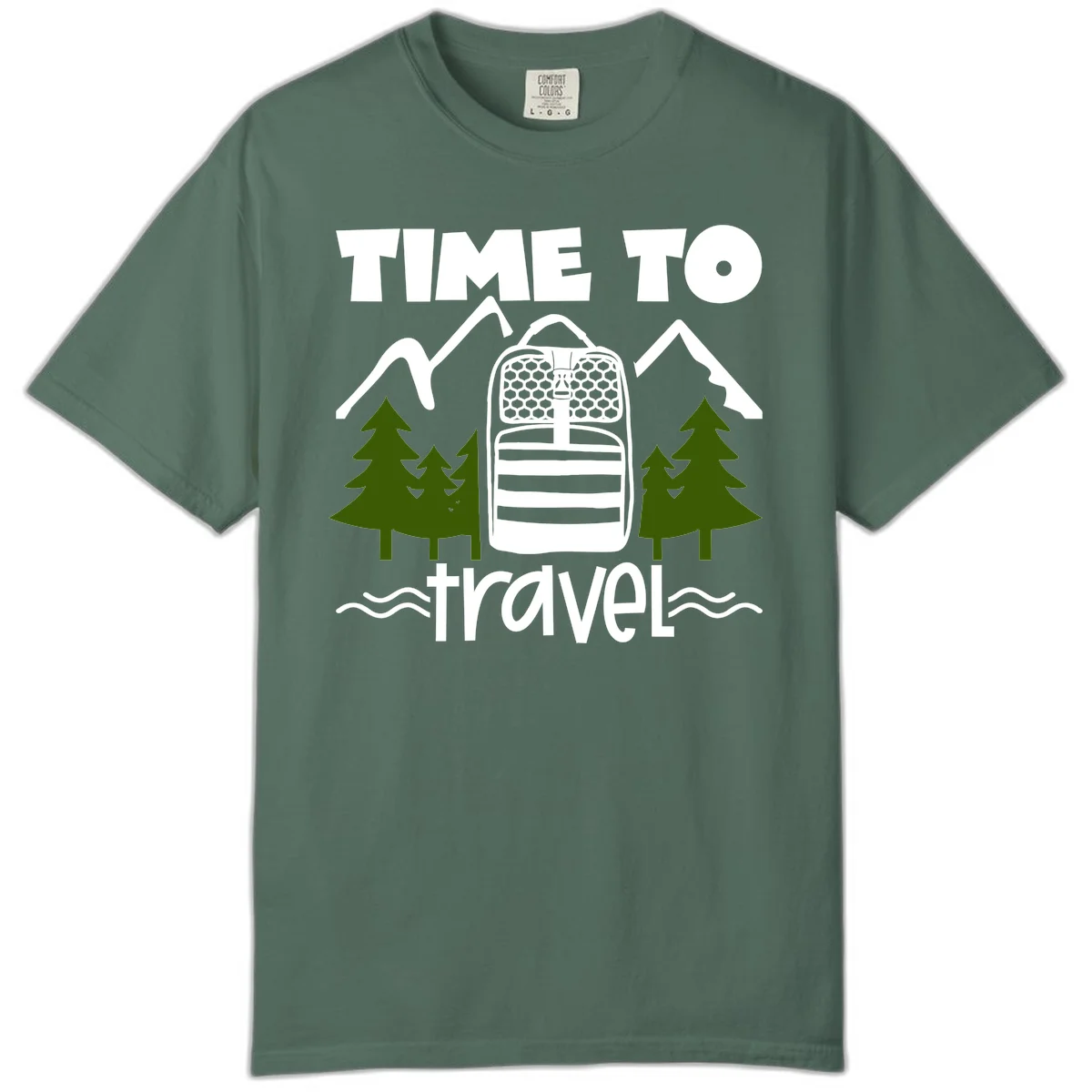 Time to travel backpack design with snow mountains, pine trees, and wavy water lines on gray background in Blue Spruce
