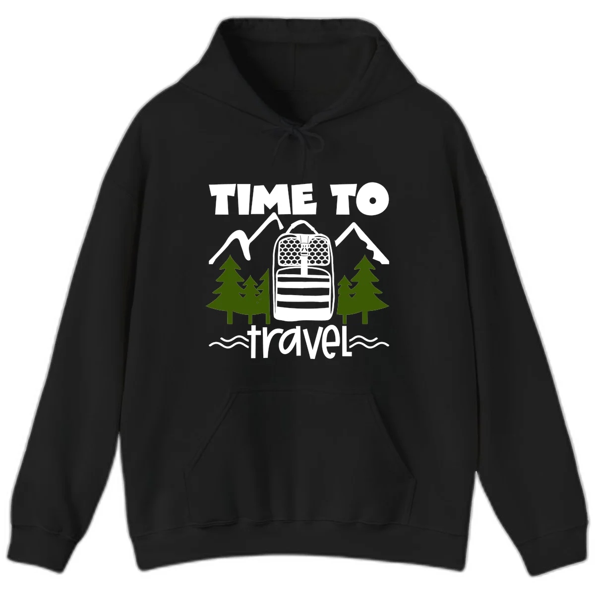 Time to travel backpack design with snow mountains, pine trees, and wavy water lines on gray background in Black