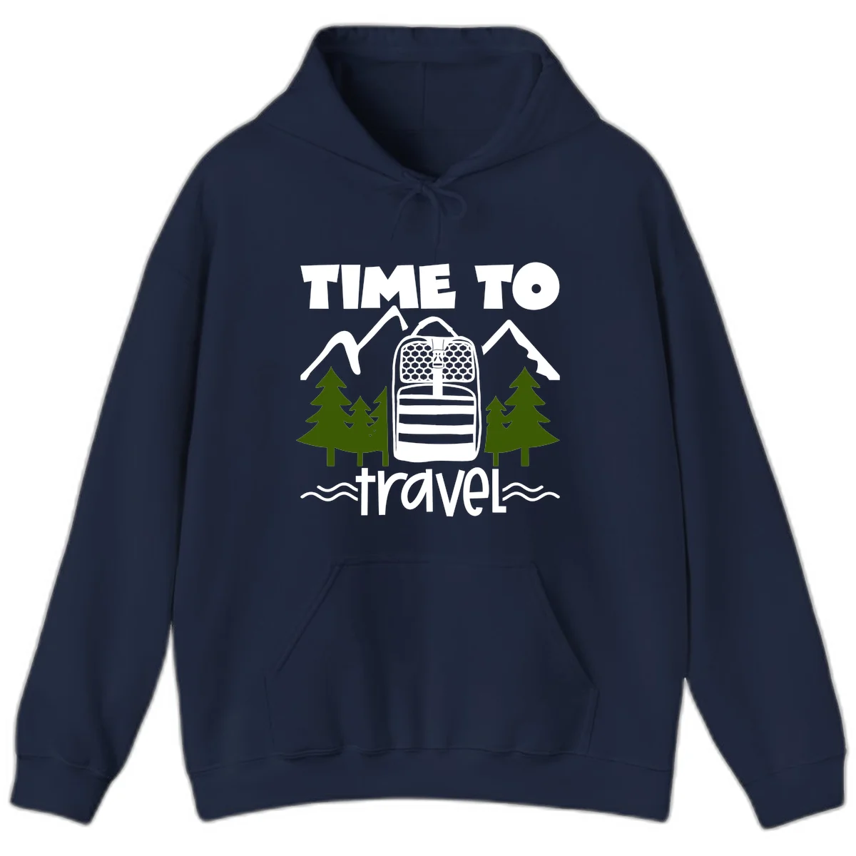 Time to travel backpack design with snow mountains, pine trees, and wavy water lines on gray background in Navy