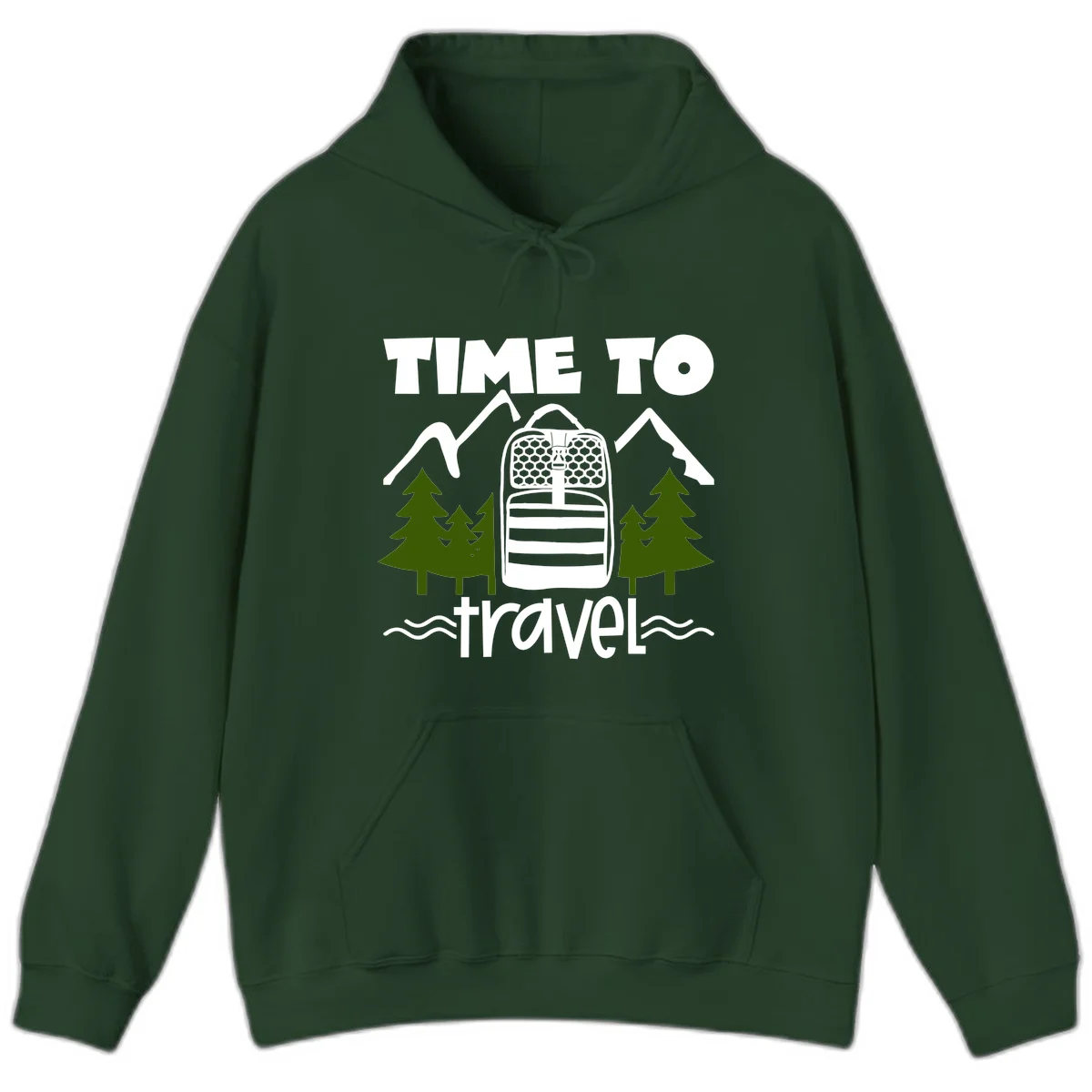 Time to travel backpack design with snow mountains, pine trees, and wavy water lines on gray background in Forest Green
