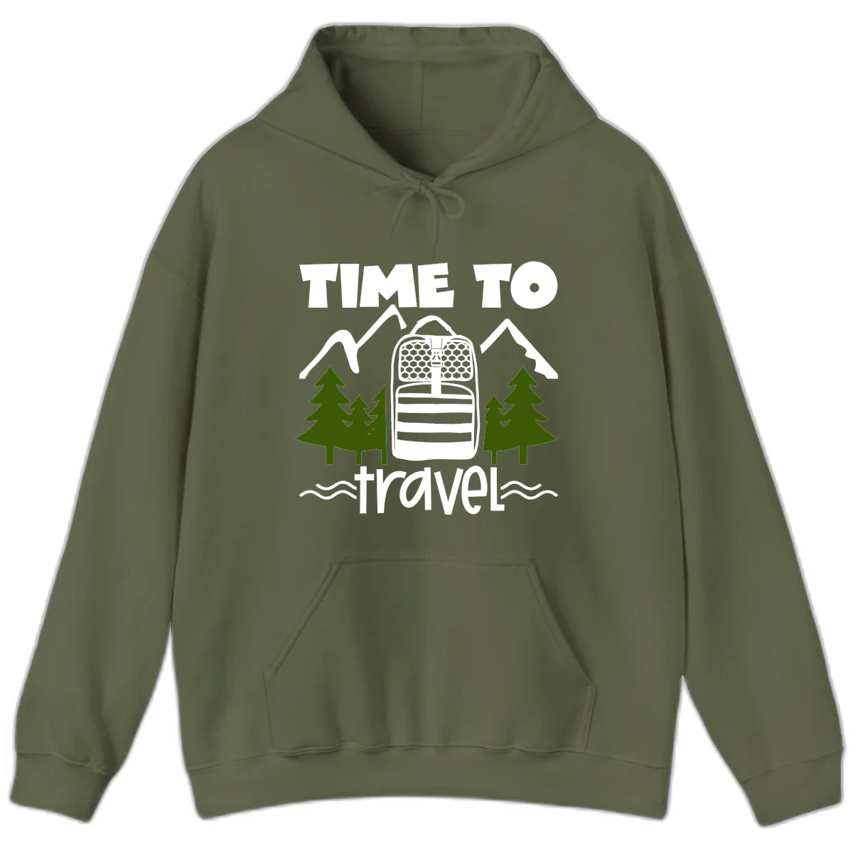 Time to travel backpack design with snow mountains, pine trees, and wavy water lines on gray background in Military Green