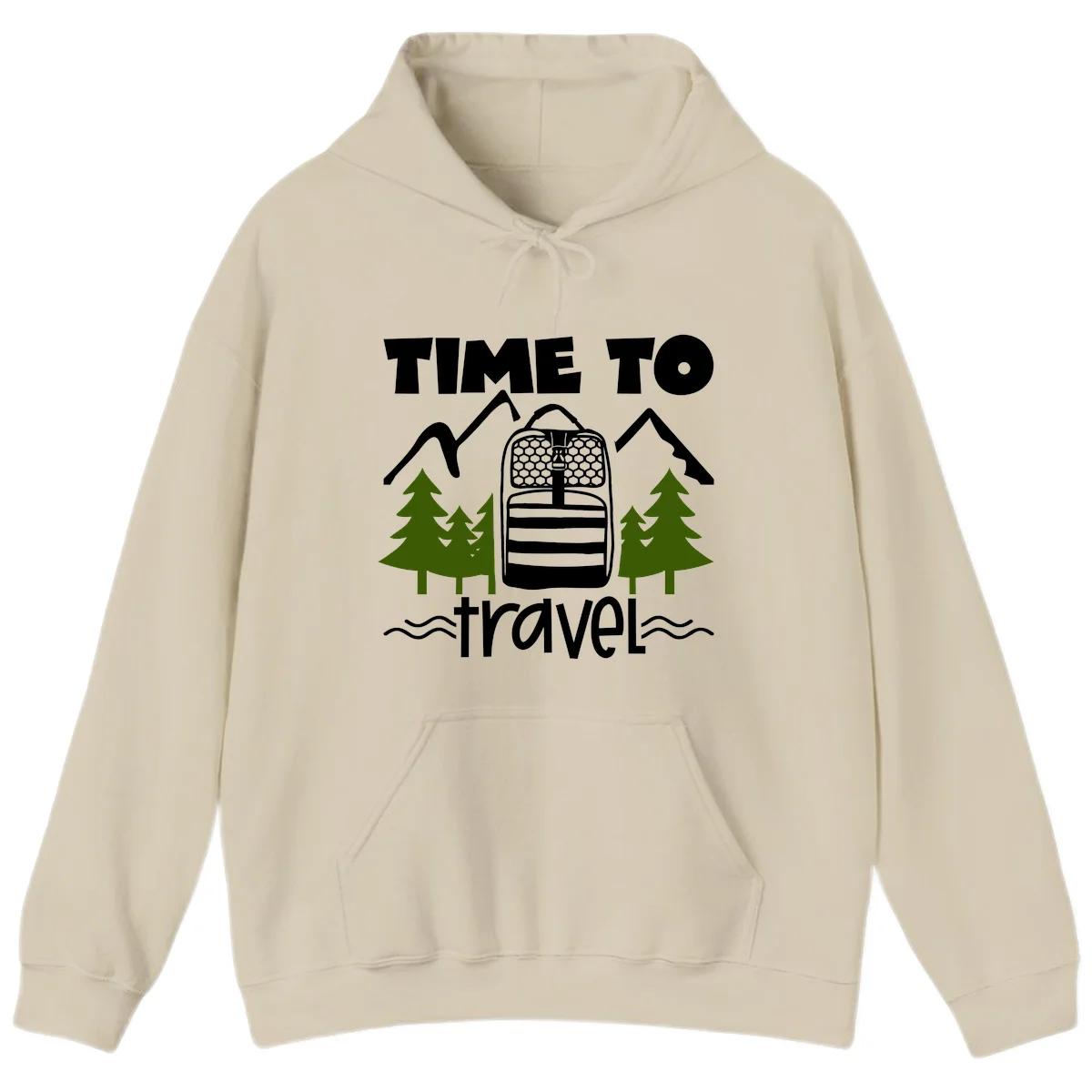 Time to travel backpack design with snow mountains, pine trees, and wavy water lines on gray background in Sand