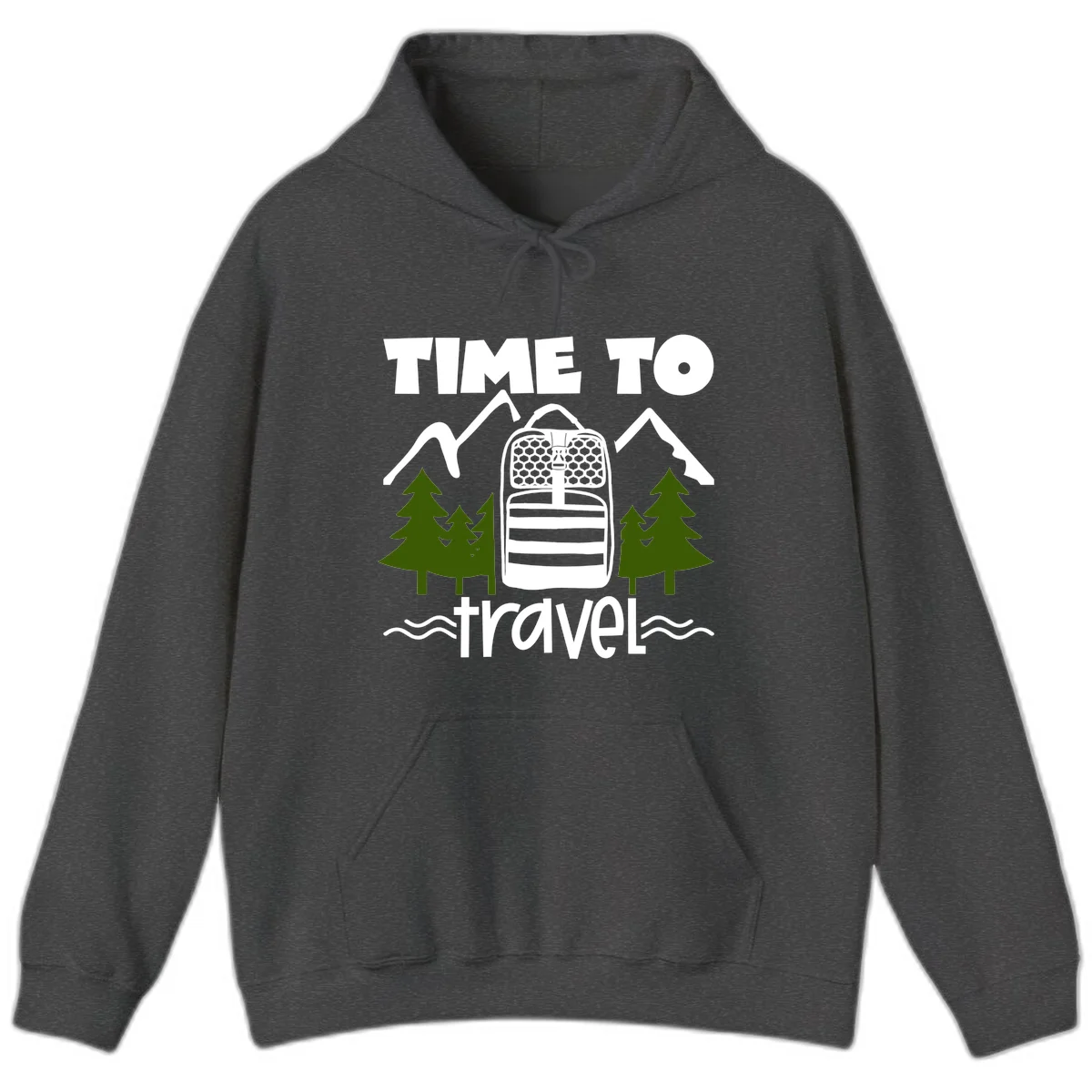 Time to travel backpack design with snow mountains, pine trees, and wavy water lines on gray background in Dark Heather