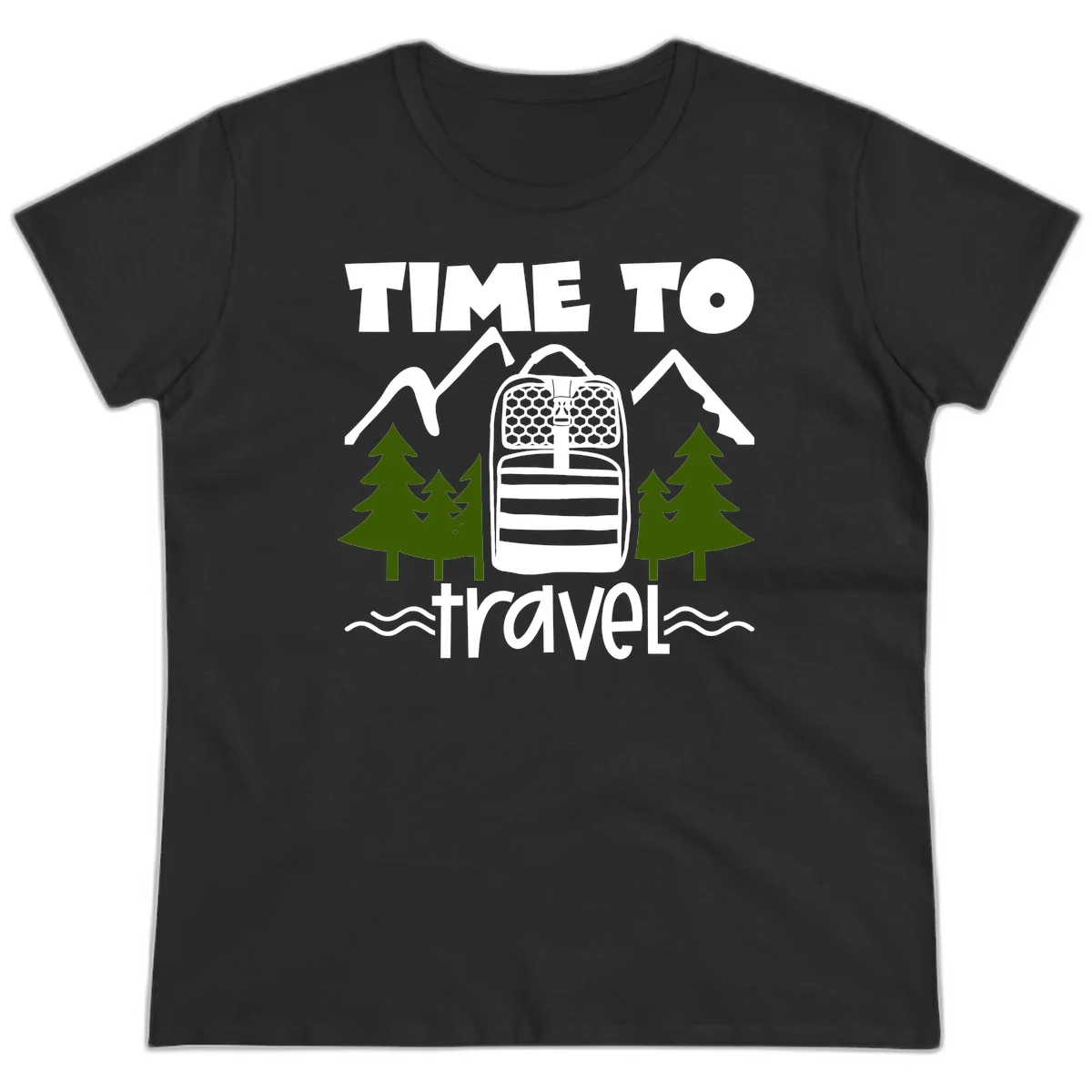 Time to travel backpack design with snow mountains, pine trees, and wavy water lines on gray background in Black