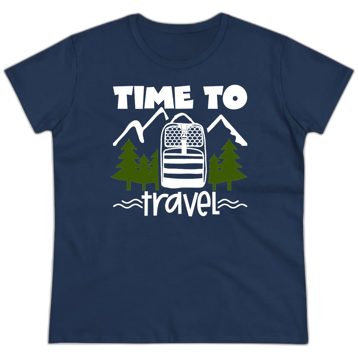 Time to travel backpack design with snow mountains, pine trees, and wavy water lines on gray background in Navy