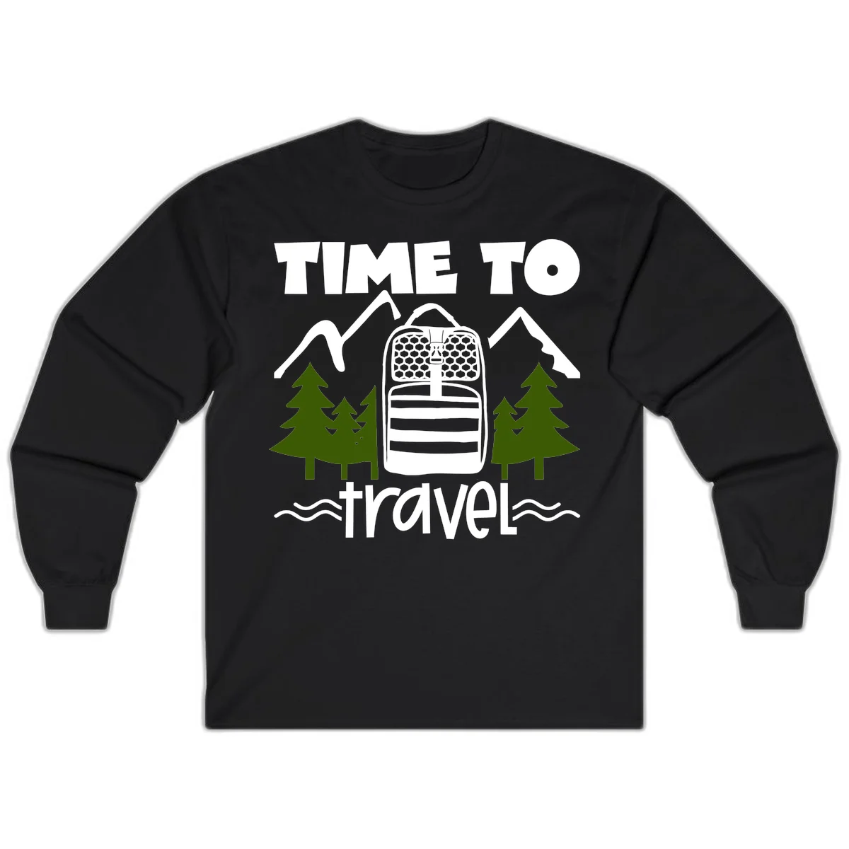 Time to travel backpack design with snow mountains, pine trees, and wavy water lines on gray background in Black