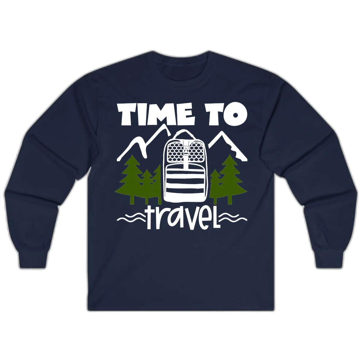 Time to travel backpack design with snow mountains, pine trees, and wavy water lines on gray background in Navy
