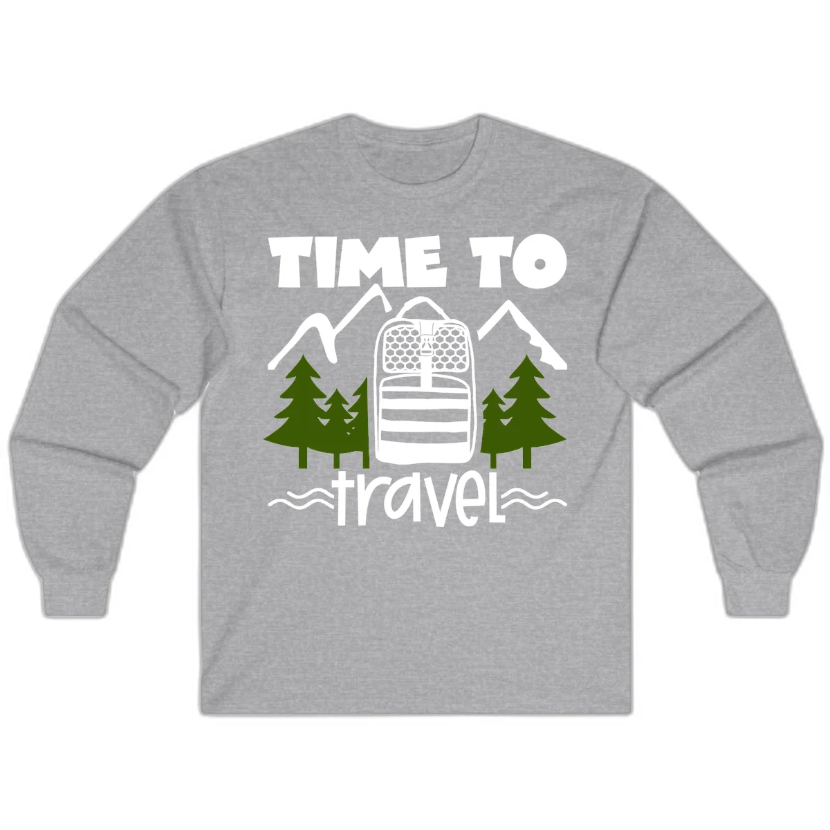 Time to travel backpack design with snow mountains, pine trees, and wavy water lines on gray background in Sport Grey