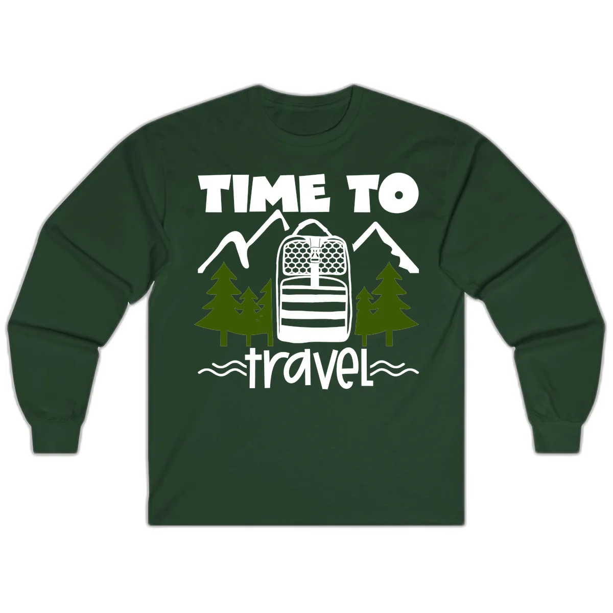 Time to travel backpack design with snow mountains, pine trees, and wavy water lines on gray background in Forest Green