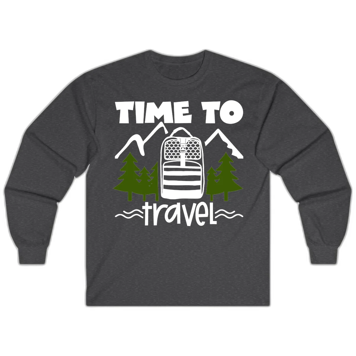 Time to travel backpack design with snow mountains, pine trees, and wavy water lines on gray background in Dark Heather