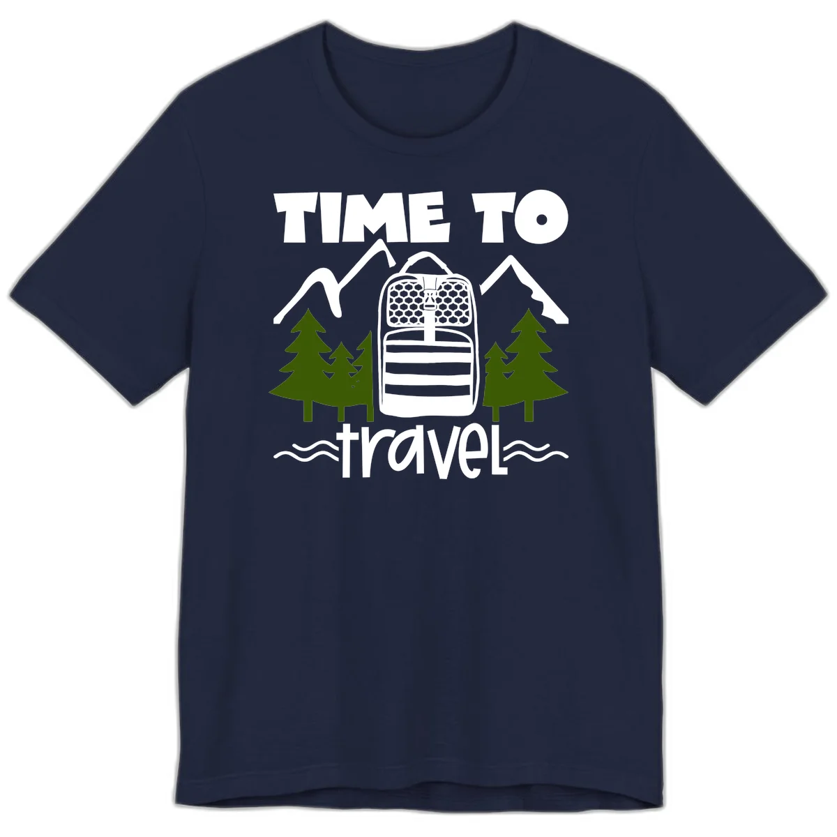 Time to travel backpack design with snow mountains, pine trees, and wavy water lines on gray background in Navy
