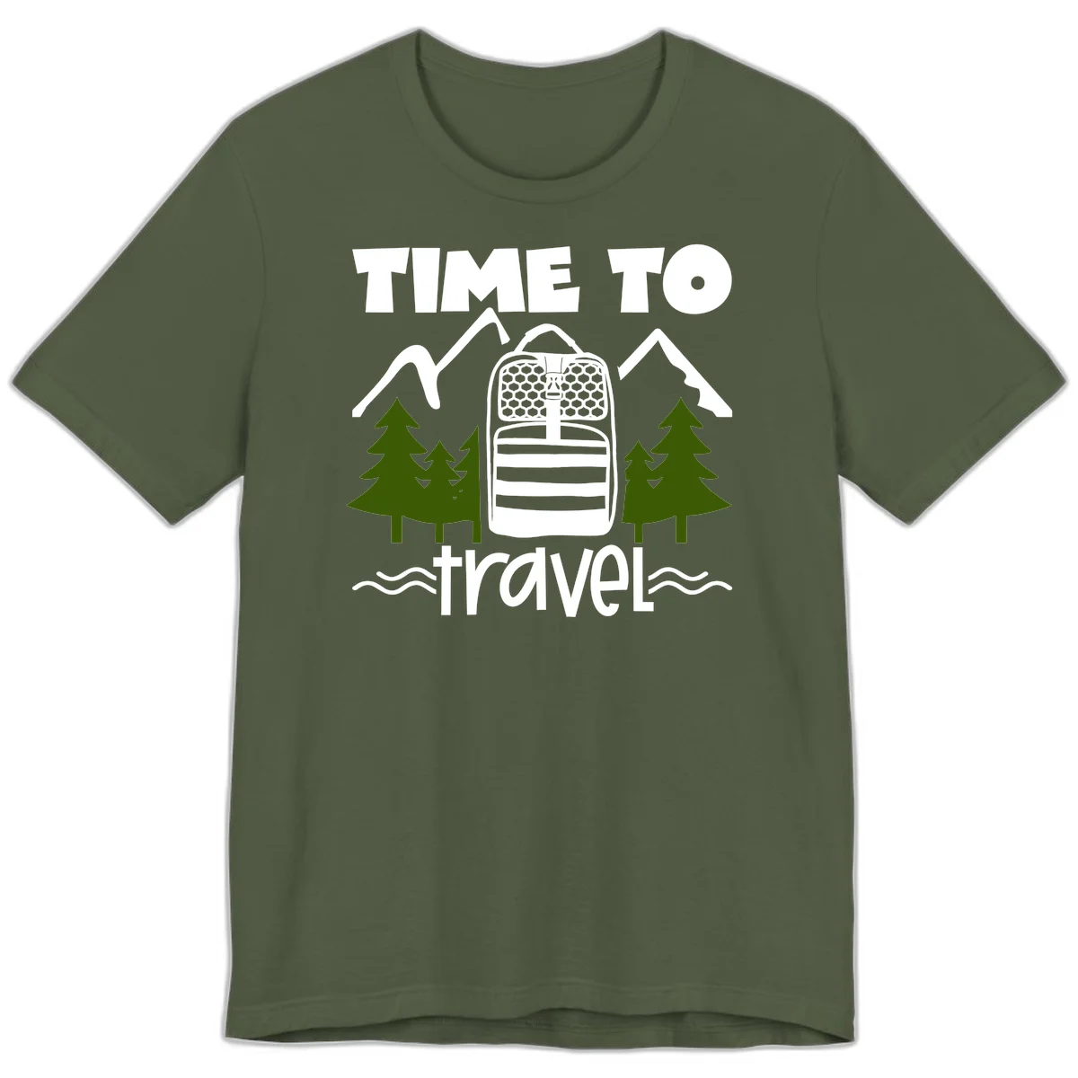 Time to travel backpack design with snow mountains, pine trees, and wavy water lines on gray background in Military Green