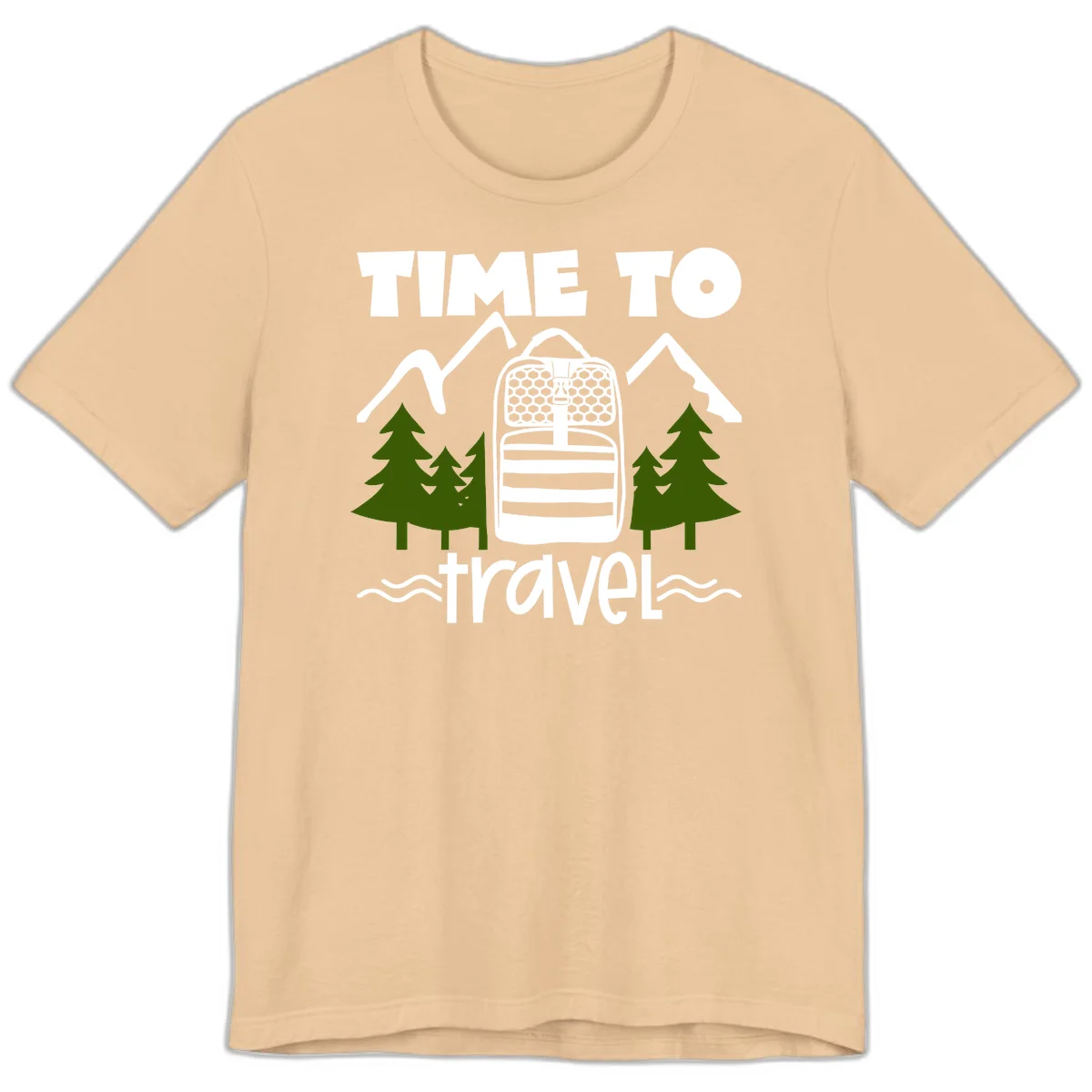 Time to travel backpack design with snow mountains, pine trees, and wavy water lines on gray background in Sand Dune