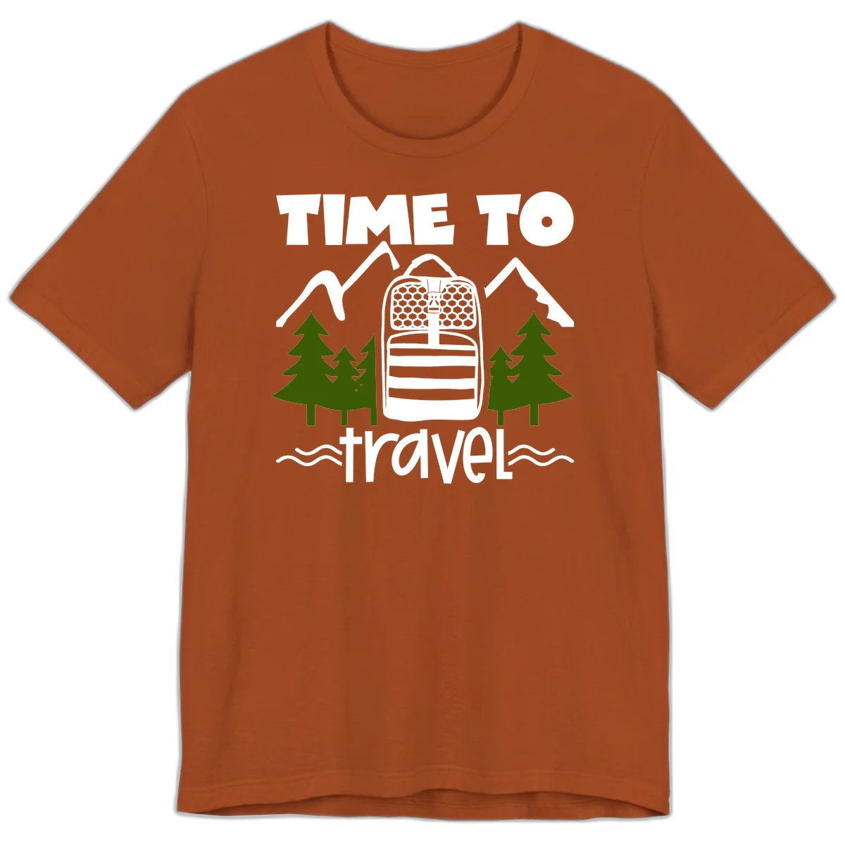 Time to travel backpack design with snow mountains, pine trees, and wavy water lines on gray background in Autumn