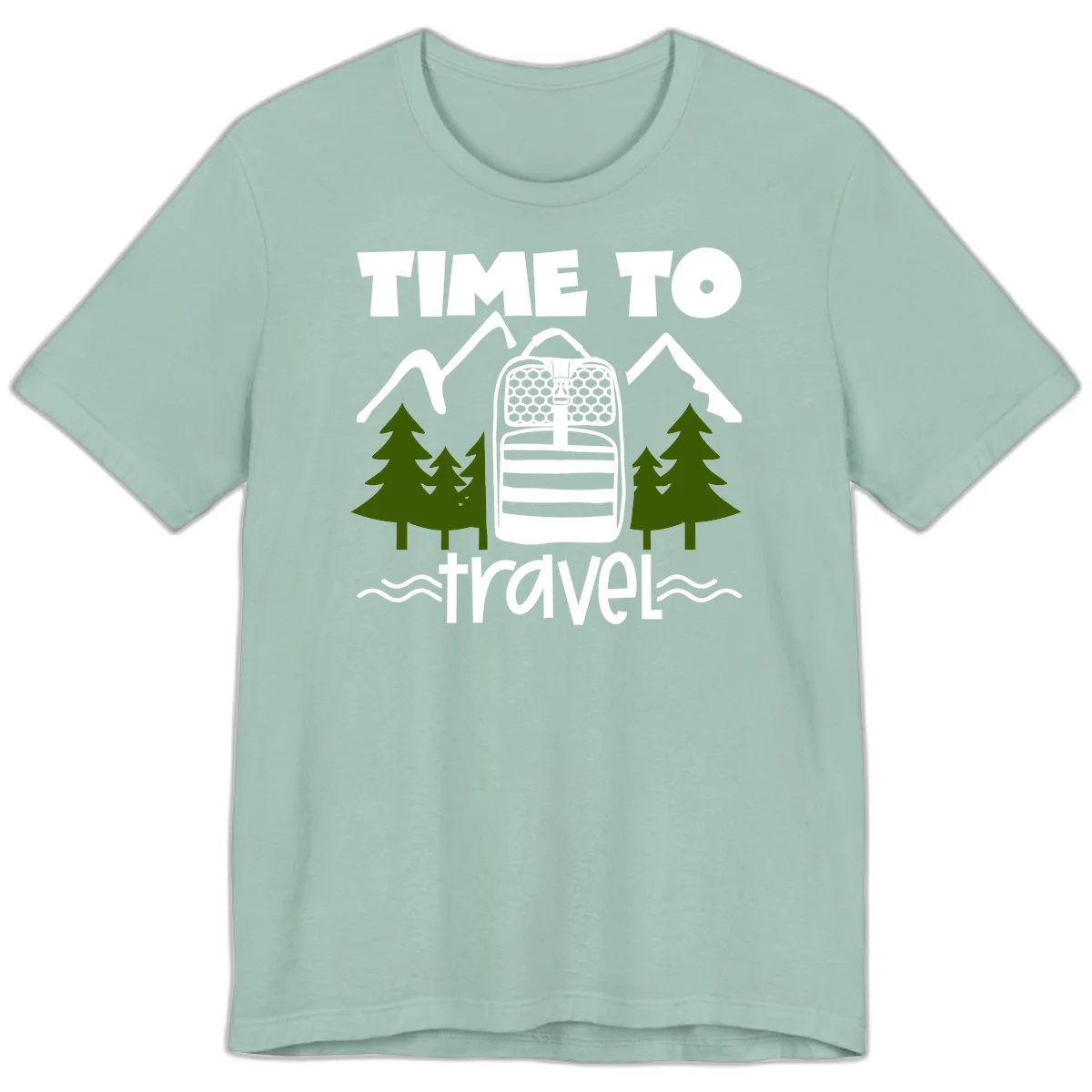 Time to travel backpack design with snow mountains, pine trees, and wavy water lines on gray background in Dusty Blue