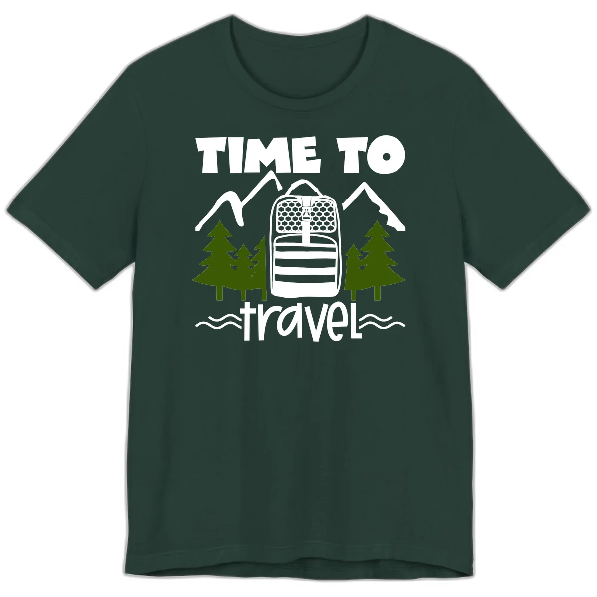 Time to travel backpack design with snow mountains, pine trees, and wavy water lines on gray background in Forest