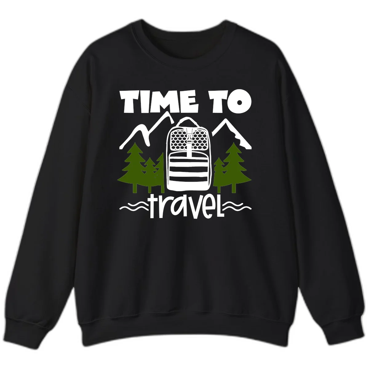Time to travel backpack design with snow mountains, pine trees, and wavy water lines on gray background in Black