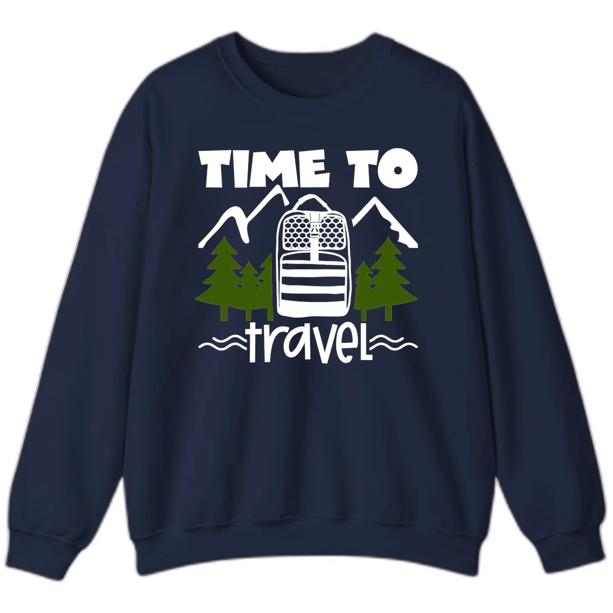 Time to travel backpack design with snow mountains, pine trees, and wavy water lines on gray background in Navy