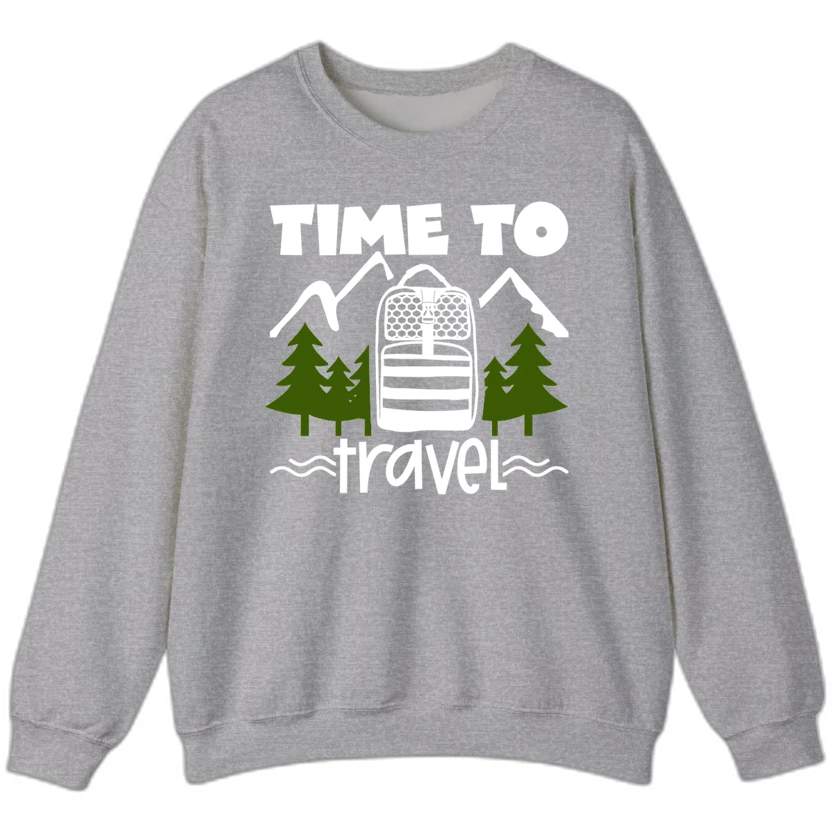 Time to travel backpack design with snow mountains, pine trees, and wavy water lines on gray background in Sport Grey