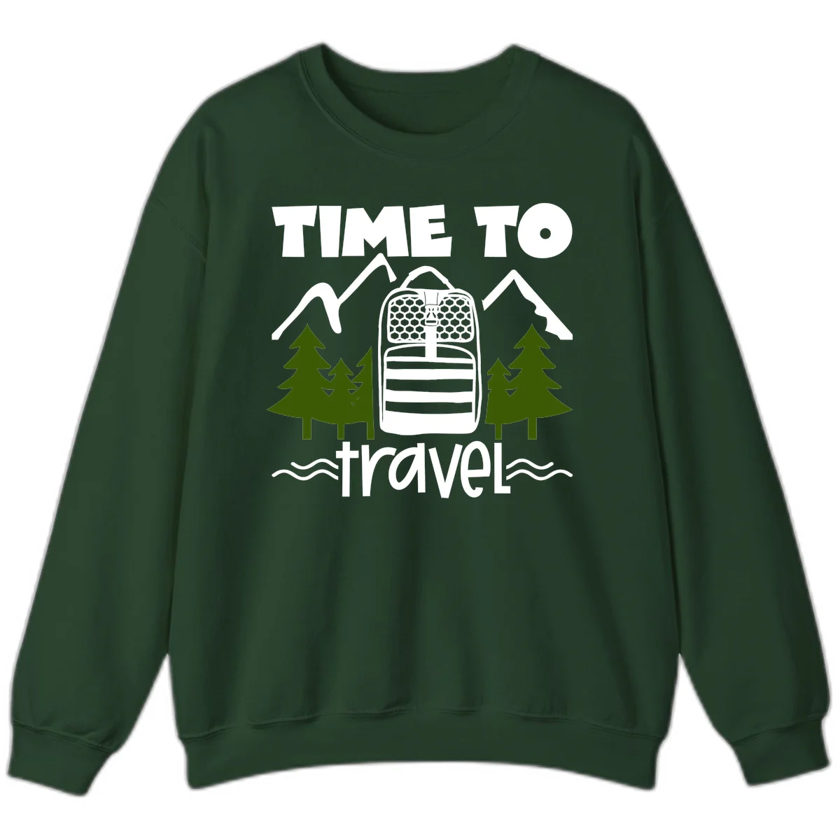 Time to travel backpack design with snow mountains, pine trees, and wavy water lines on gray background in Forest Green