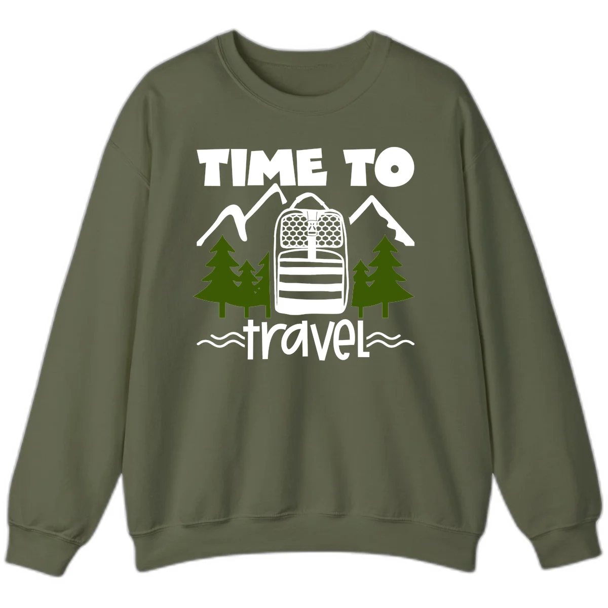 Time to travel backpack design with snow mountains, pine trees, and wavy water lines on gray background in Military Green