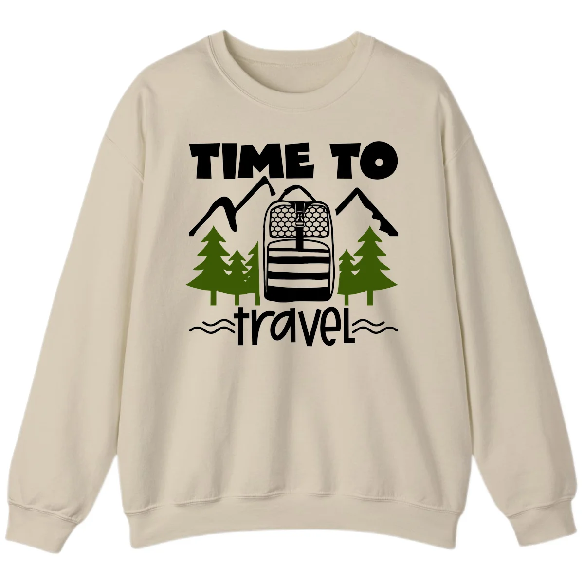 Time to travel backpack design with snow mountains, pine trees, and wavy water lines on gray background in Sand