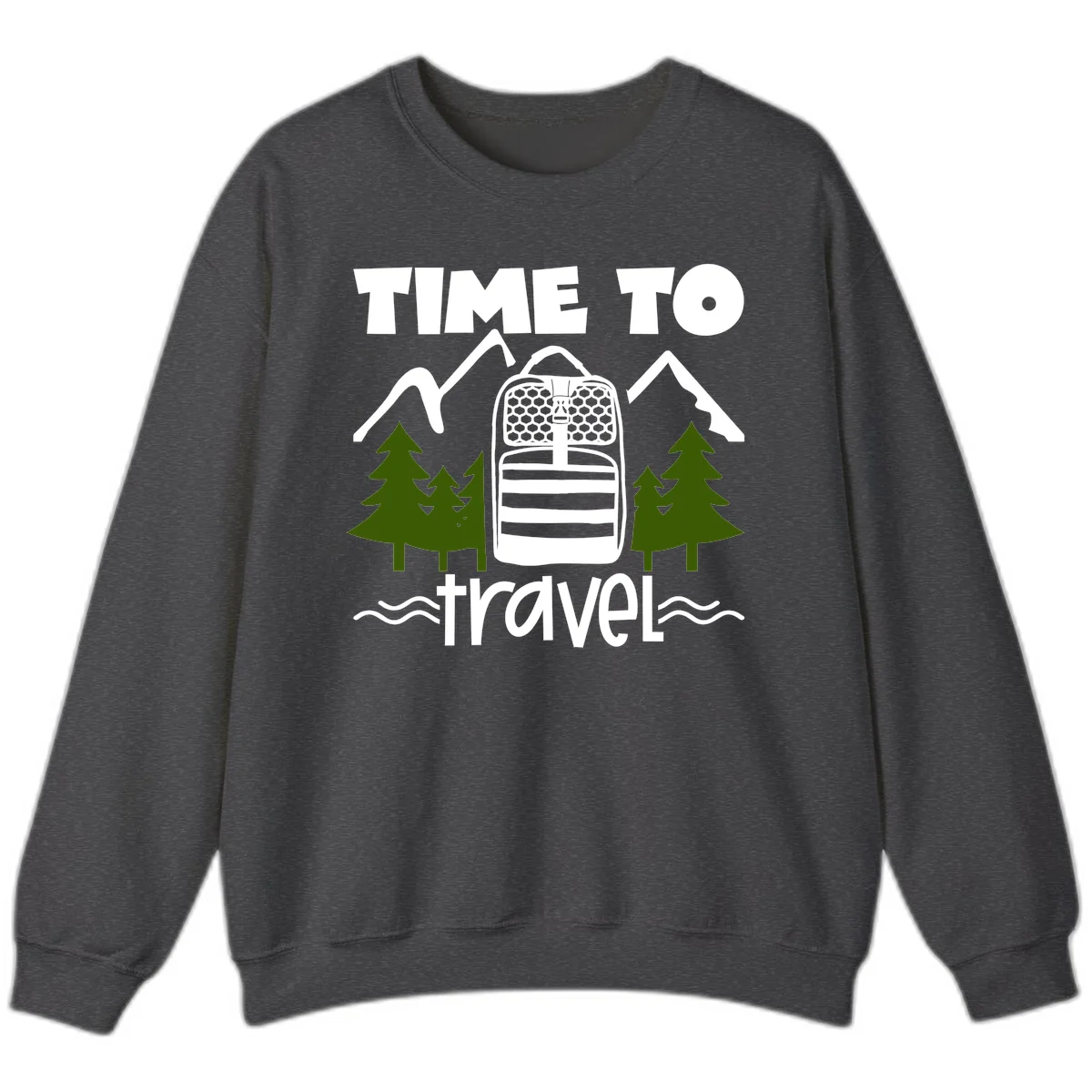 Time to travel backpack design with snow mountains, pine trees, and wavy water lines on gray background in Dark Heather