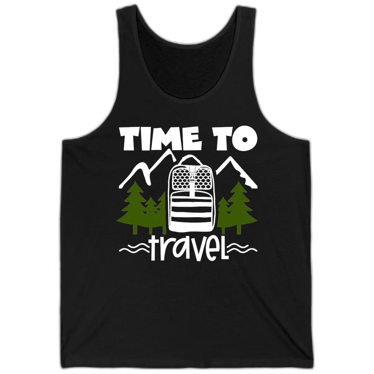 Time to travel backpack design with snow mountains, pine trees, and wavy water lines on gray background in Black