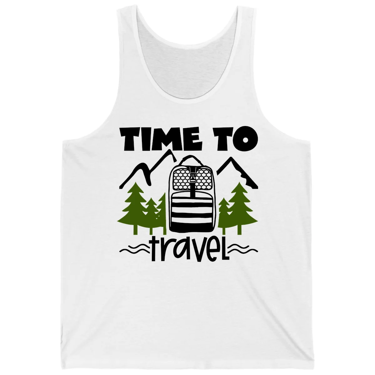 Time to travel backpack design with snow mountains, pine trees, and wavy water lines on gray background in White