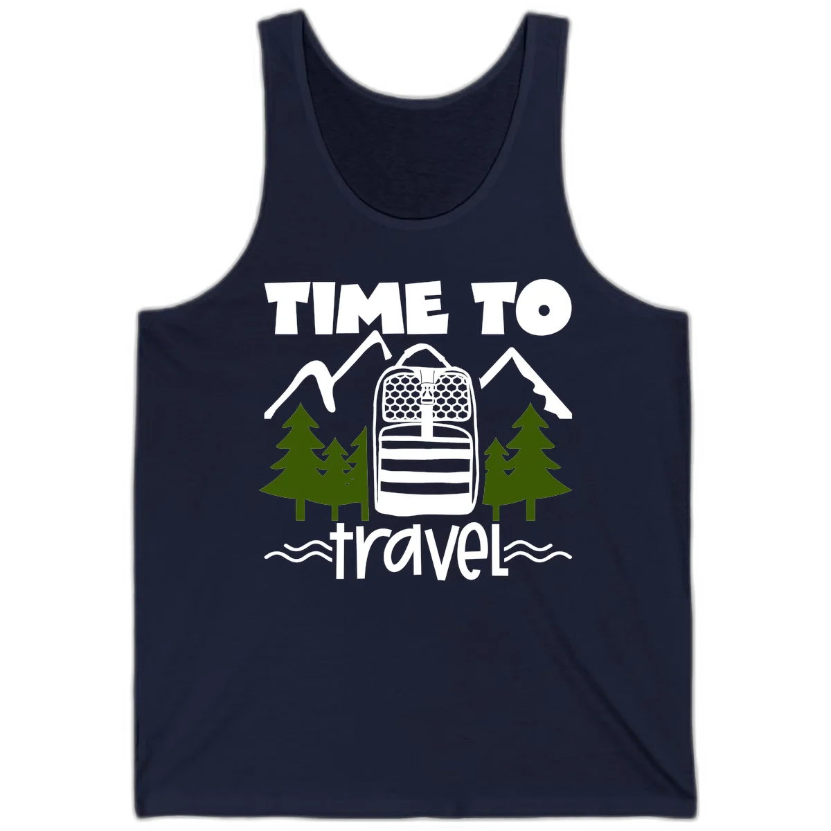 Time to travel backpack design with snow mountains, pine trees, and wavy water lines on gray background in Navy